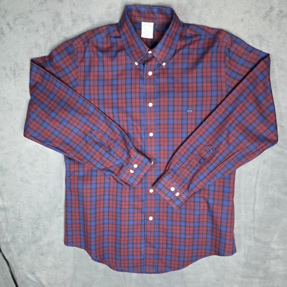 Brooks Brothers Regent Shirt size L Burgundy Blue Plaid Supima Cotton Non-Iron